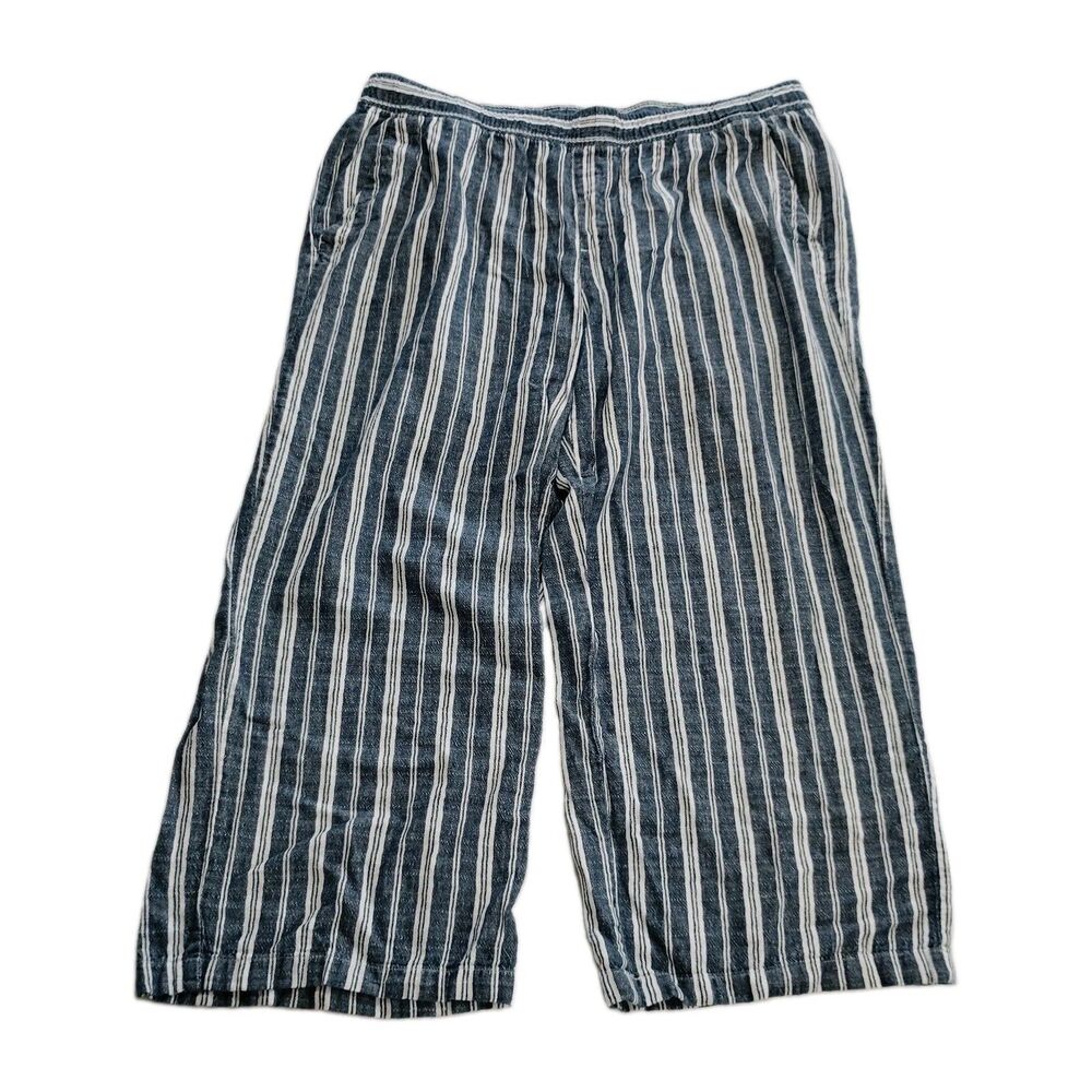 Old Navy High-Rise Wide-Leg Blue White Striped Cotton Linen Cropped Pants XL